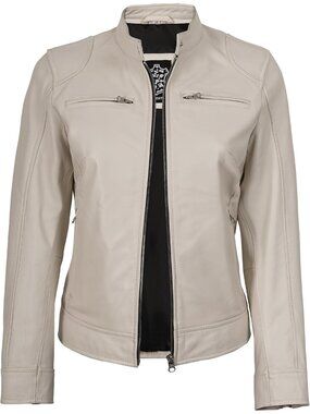 Women’s White Genuine Lambskin Leather Cafe Racer Motorcycle Jacket